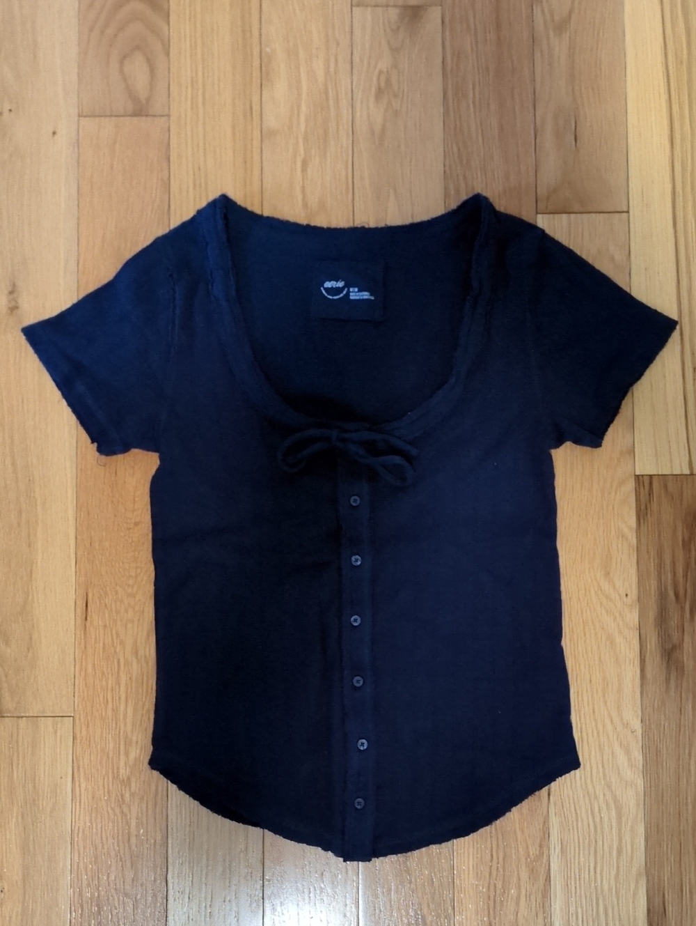 Aerie Navy Blue Scoop Neck Button-Front Top with Tie